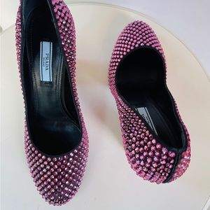Prada Rosa Pink Rhinestone Crystal Embellished Pump 37 IT